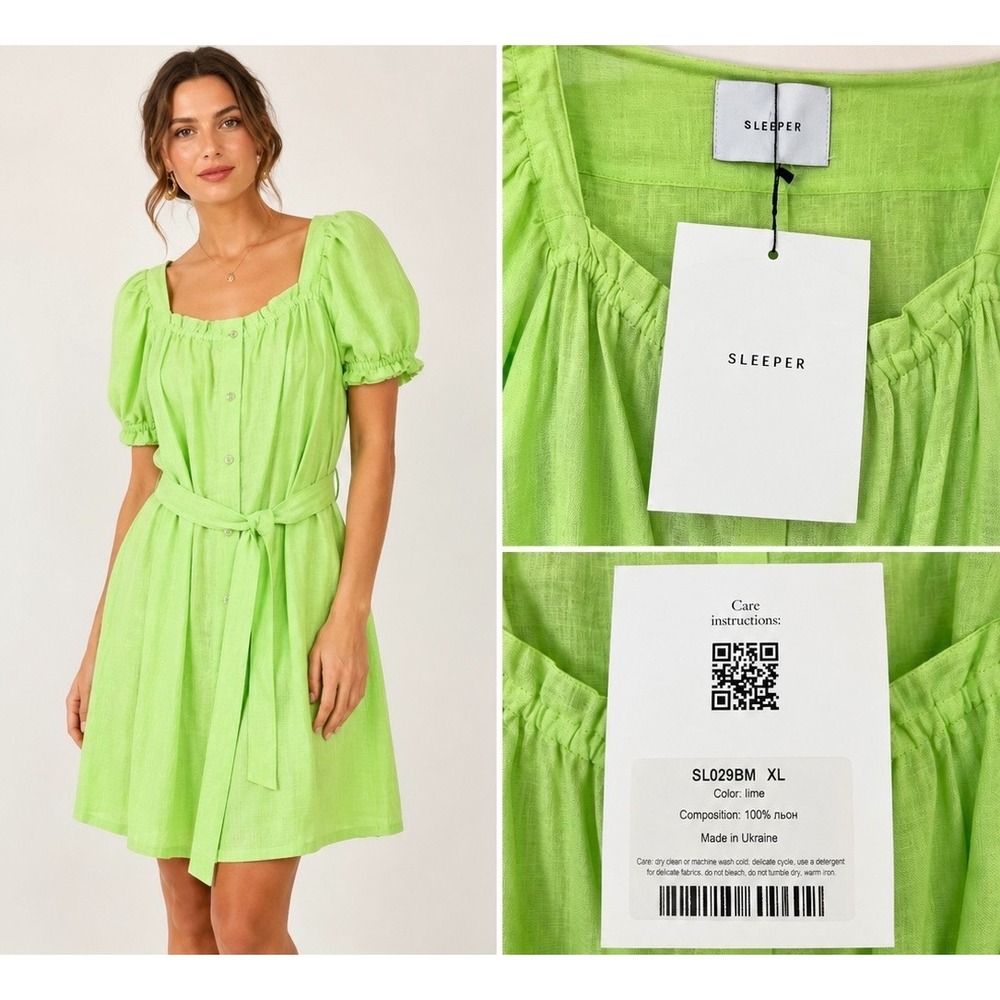 Sleeper Brigitte Linen Mini Dress XL Lime Green Short Puff Sleeve Button Front